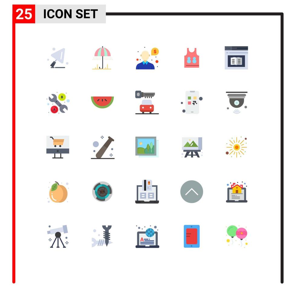 User Interface Pack of 25 Basic Flat Colors of e book money sport t shrit Editable Vector Design Elements