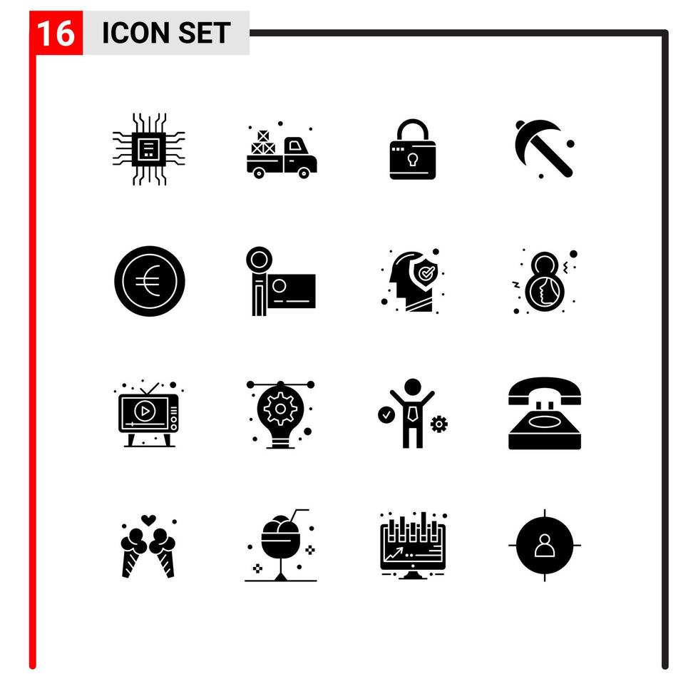 Universal Icon Symbols Group of 16 Modern Solid Glyphs of euro tool louck spade farming Editable Vector Design Elements