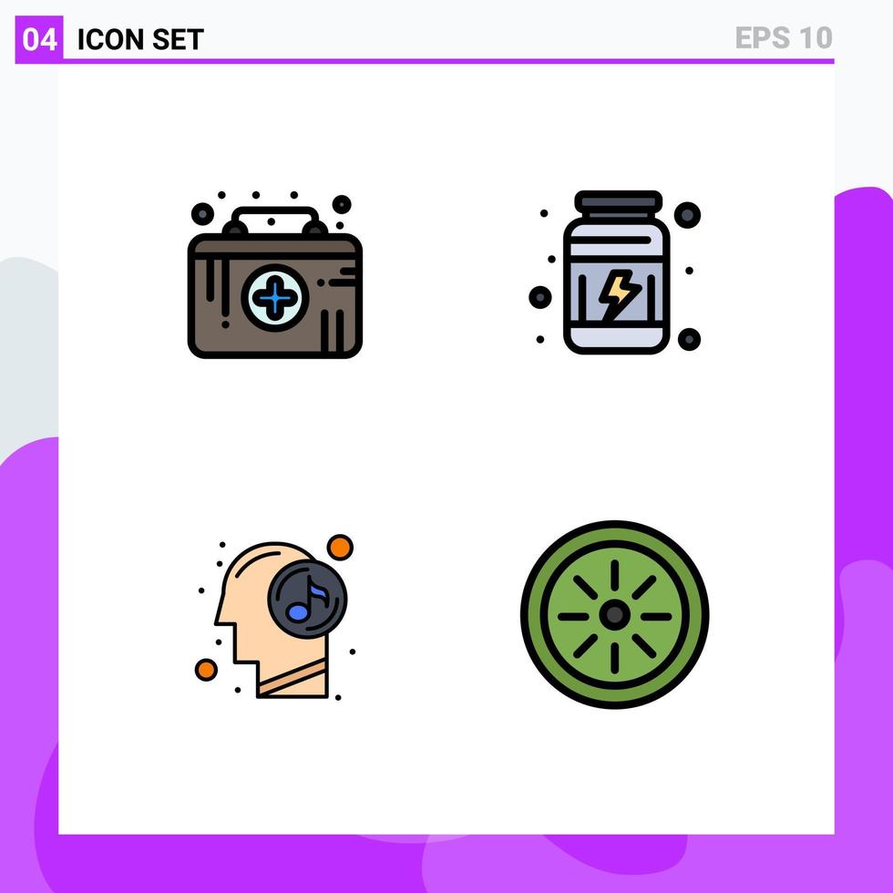 conjunto de color plano de línea de relleno de interfaz móvil de 4 pictogramas de botiquín de primeros auxilios mente suplemento de emergencia médica elementos de diseño de vector editables relajados