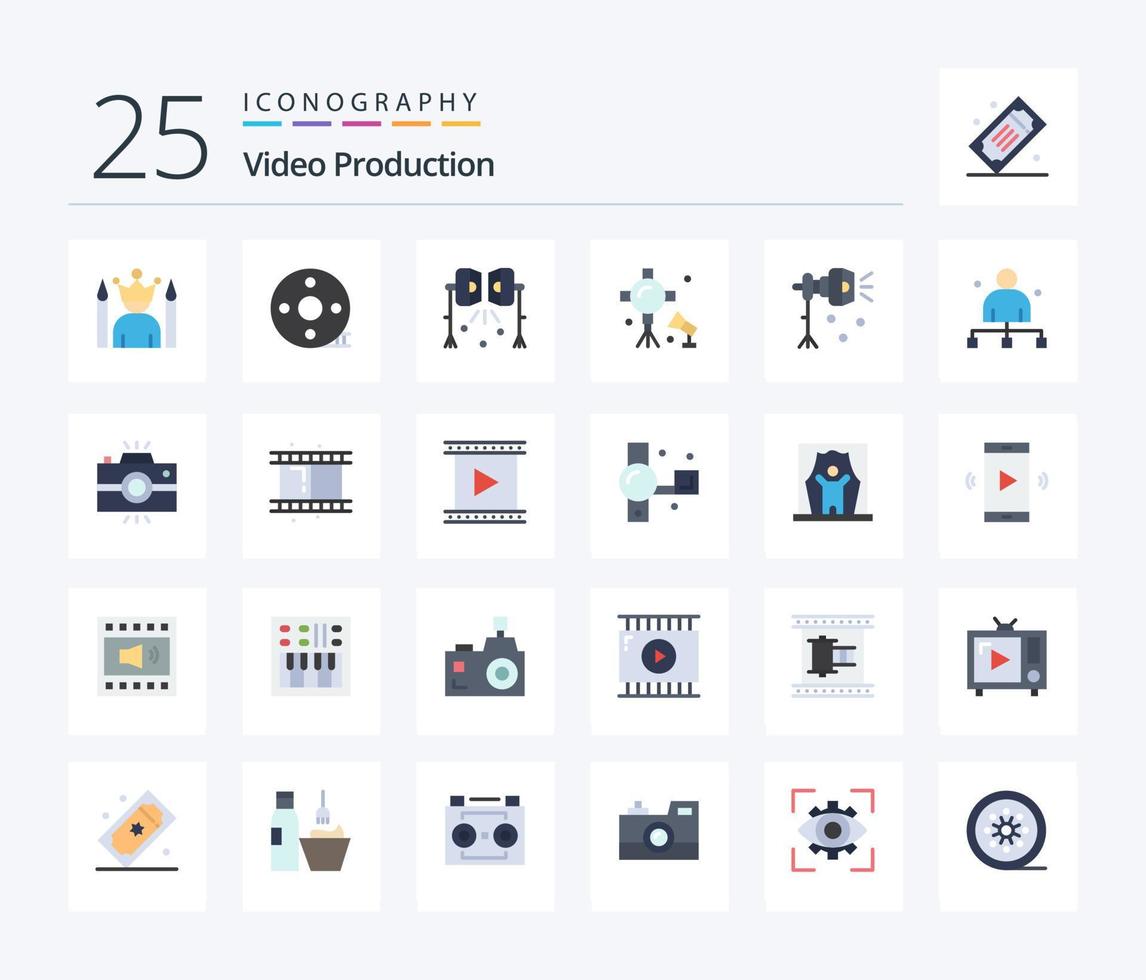 Video Production 25 Flat Color icon pack including lightning. illumination. clapper board. studio lights. spotlight vector