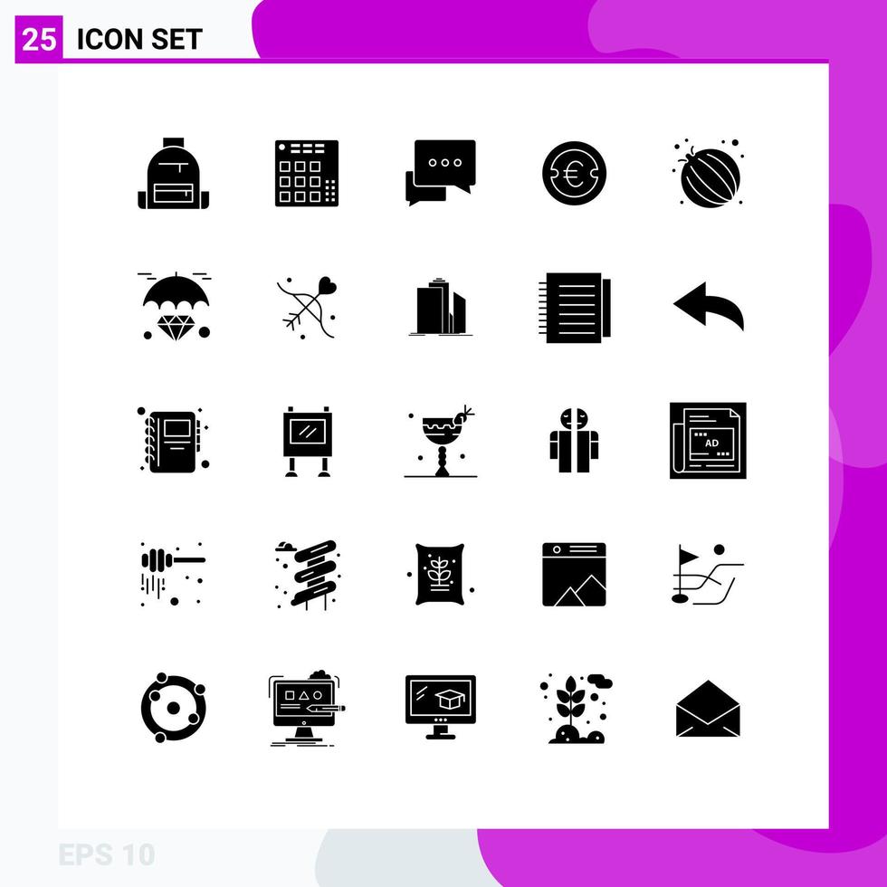25 Universal Solid Glyph Signs Symbols of investment euro live coin messages Editable Vector Design Elements