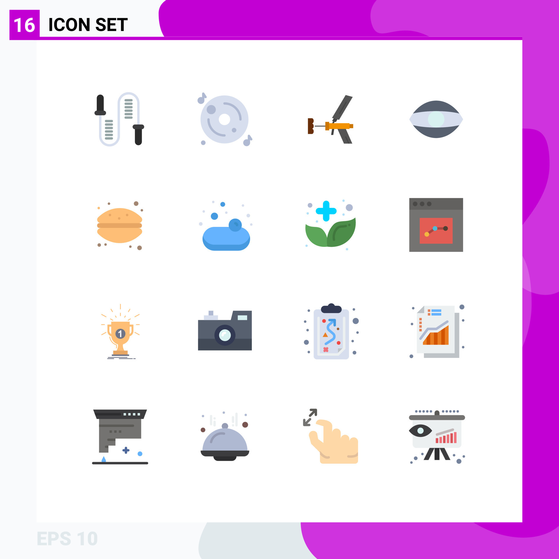 16 Universal Flat Color Signs Symbols of face gun multimedia tool foam