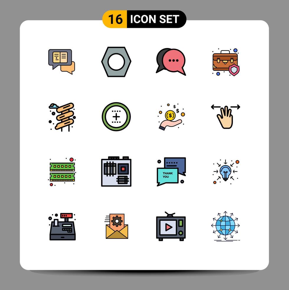 Set of 16 Commercial Flat Color Filled Lines pack for water protection shield conversation insurance briefcase Editable Creative Vector Design Elements