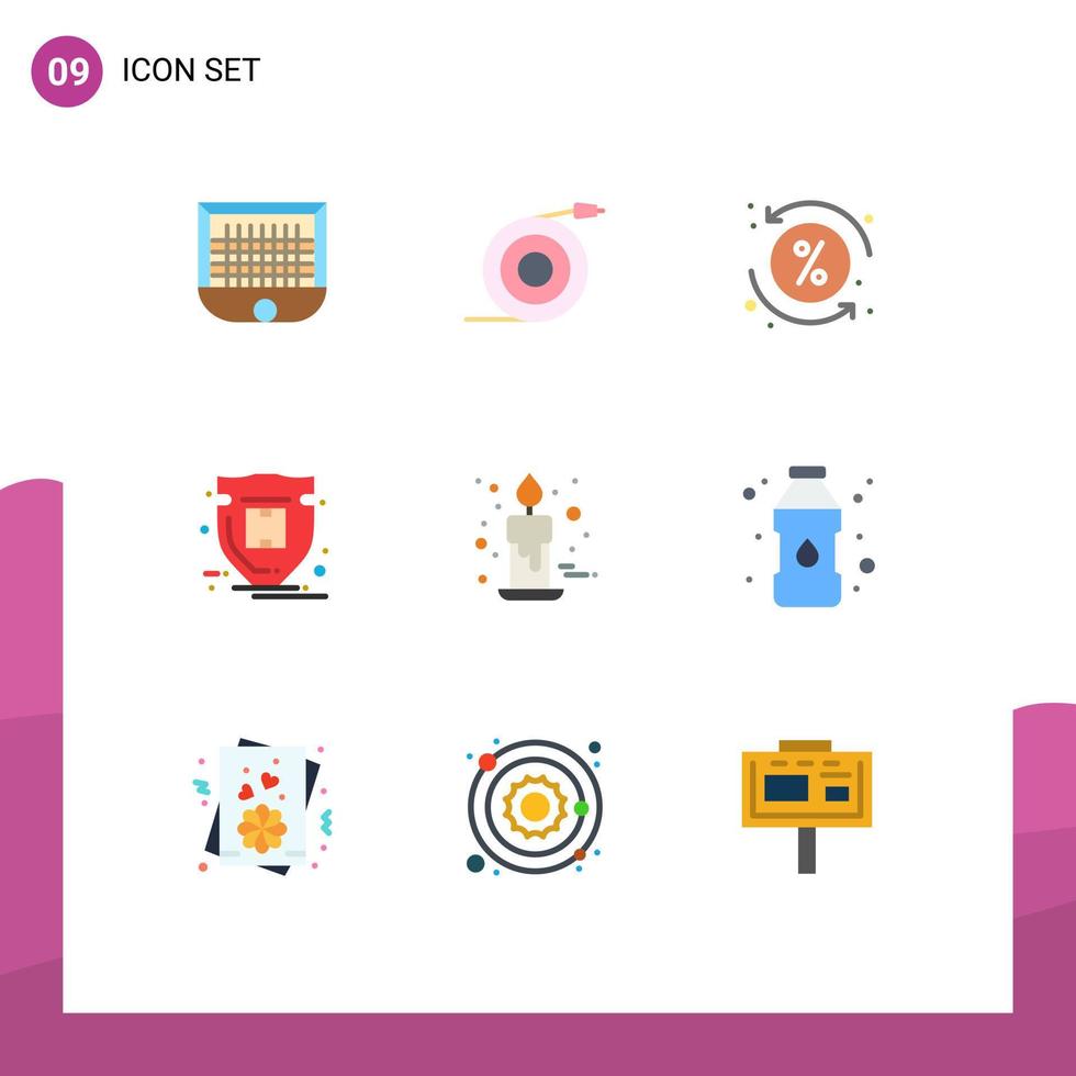 Pack of 9 Modern Flat Colors Signs and Symbols for Web Print Media such as candle shield water protection transaction Editable Vector Design Elements
