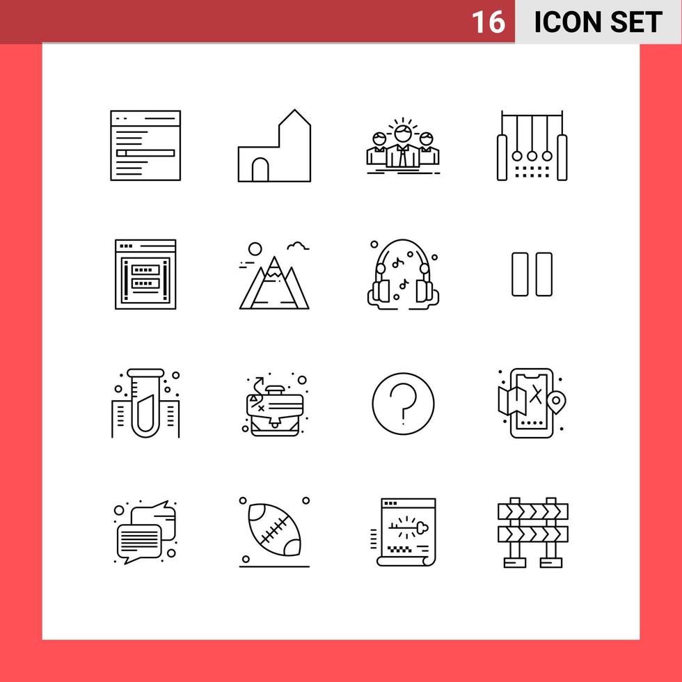 Pack of 16 Modern Outlines Signs and Symbols for Web Print Media such as hanging acrobatic fortress leader employee Editable Vector Design Elements