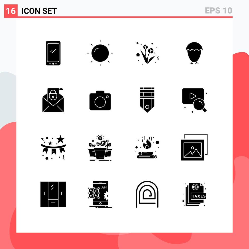 Group of 16 Modern Solid Glyphs Set for security email present mail egg Editable Vector Design Elements