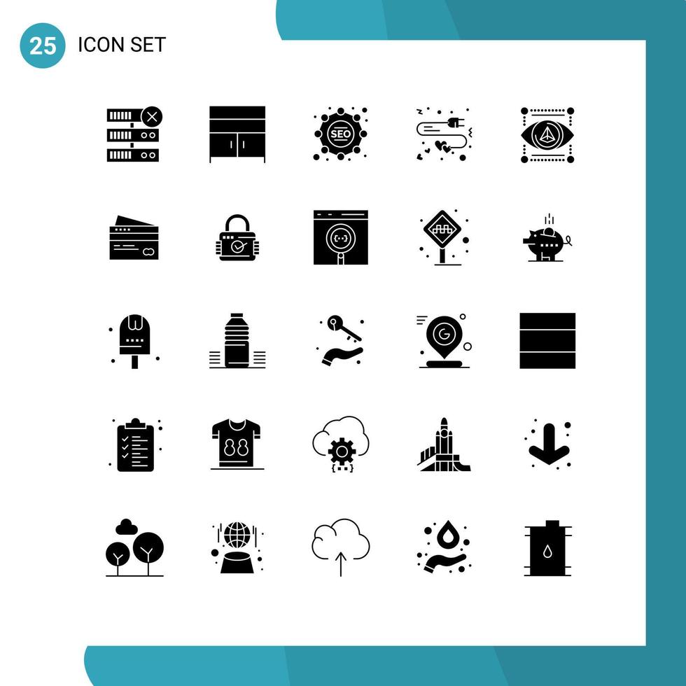 Modern Set of 25 Solid Glyphs Pictograph of printer gadget strategy eye charge Editable Vector Design Elements
