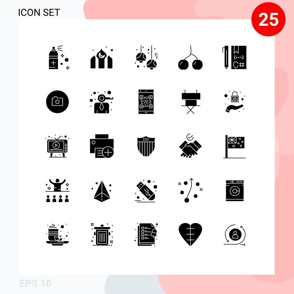 25 Universal Solid Glyph Signs Symbols of coding c cafe food berry Editable Vector Design Elements