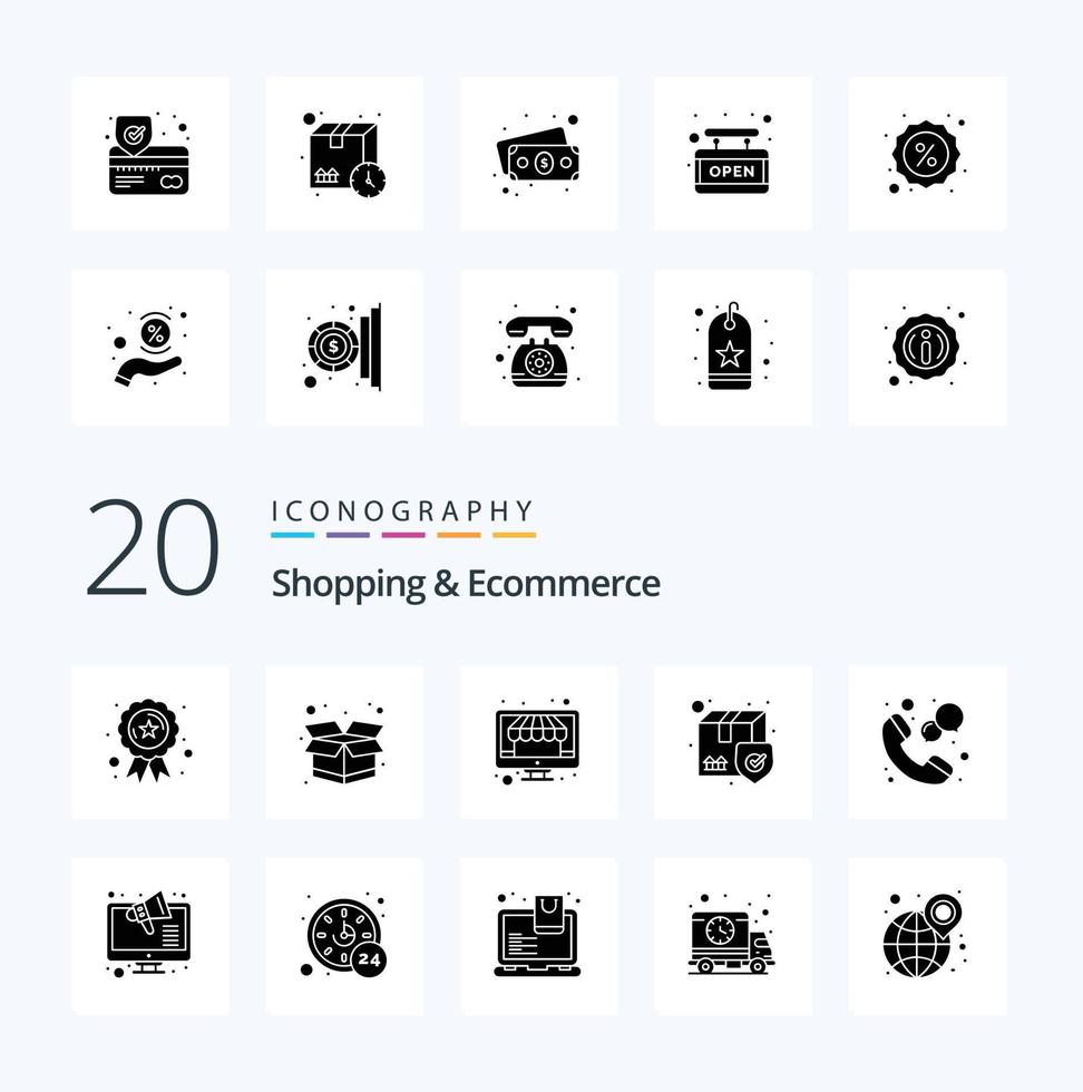 20 Shopping And Ecommerce Solid Glyph icon Pack like shop call shop box secure vector