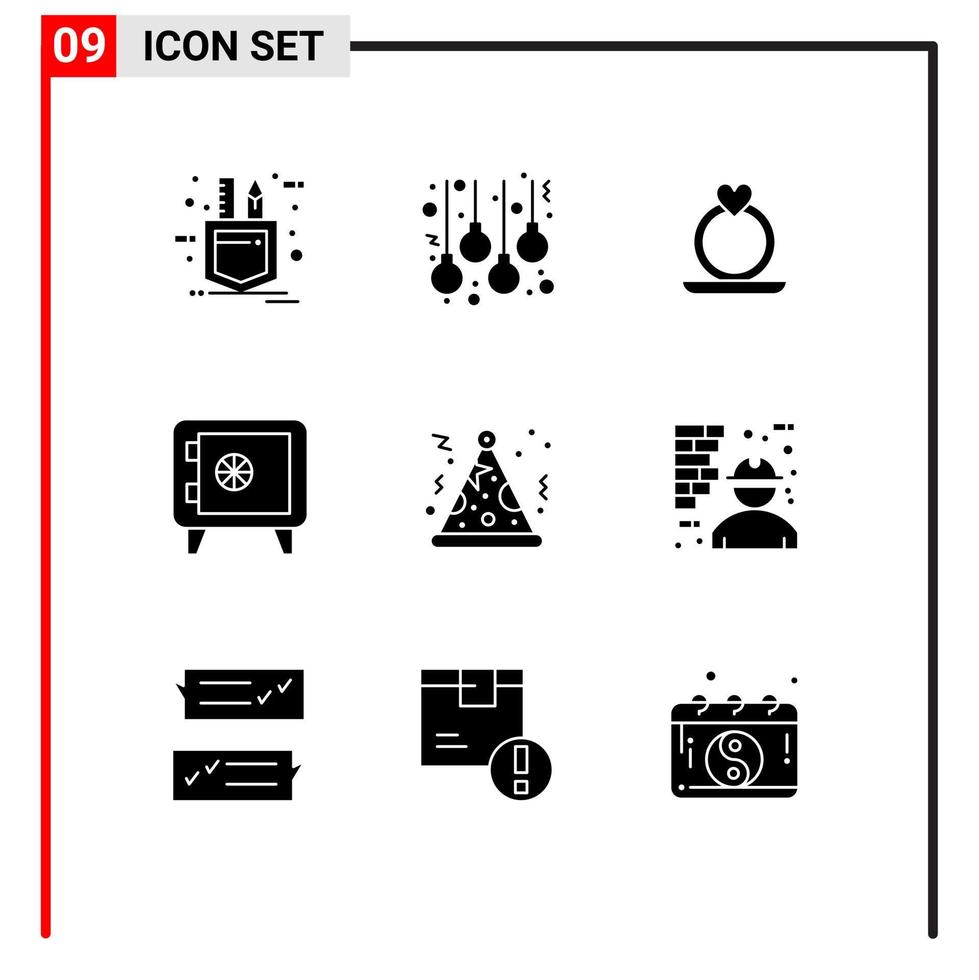 Group of 9 Solid Glyphs Signs and Symbols for architecture party ring hat locker Editable Vector Design Elements