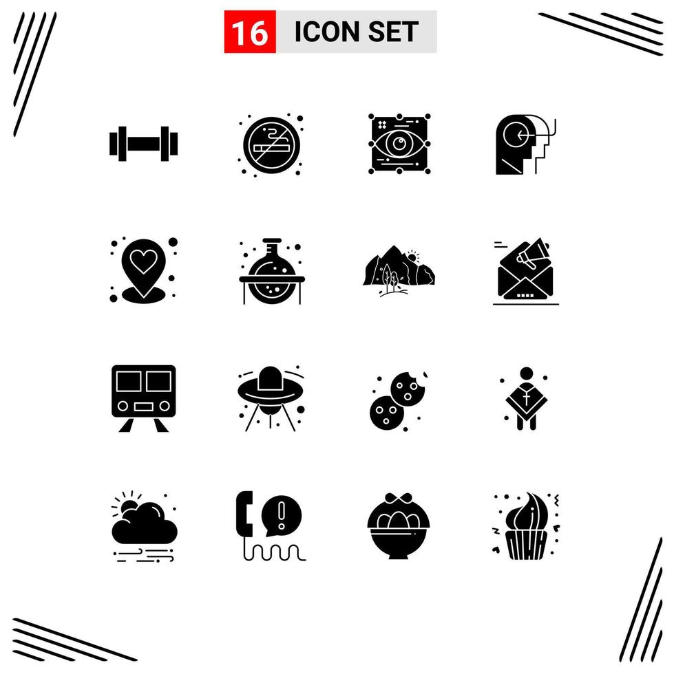 Pack of 16 creative Solid Glyphs of heart head art teaching view Editable Vector Design Elements