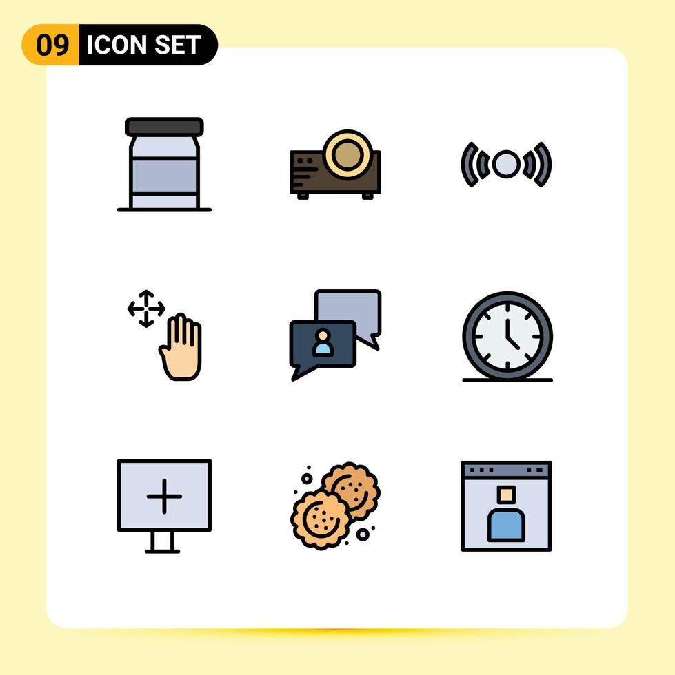 9 Universal Filledline Flat Color Signs Symbols of chat hold essential up hand Editable Vector Design Elements