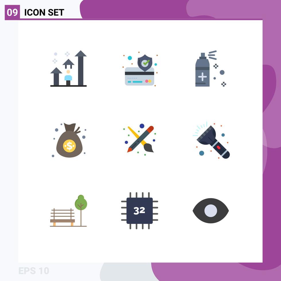 Mobile Interface Flat Color Set of 9 Pictograms of tool brush bottle money currency Editable Vector Design Elements