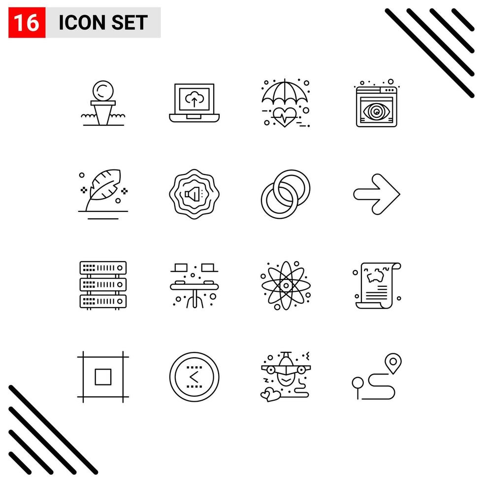 User Interface Pack of 16 Basic Outlines of feather view healthcare focus heart Editable Vector Design Elements