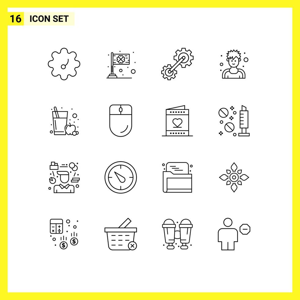 16 Universal Outline Signs Symbols of glass apple juice cogwheel sportsman exerciser Editable Vector Design Elements