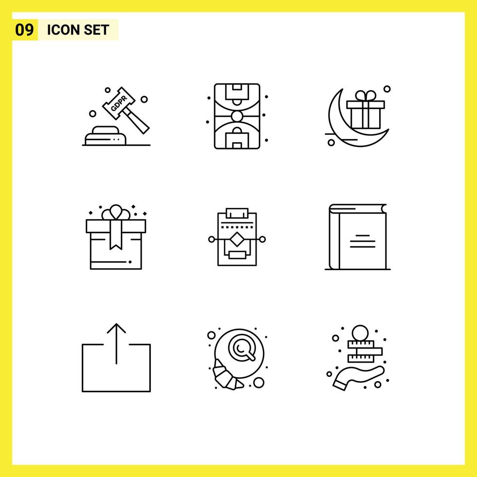 Mobile Interface Outline Set of 9 Pictograms of process workflow celebrate gift birthday Editable Vector Design Elements
