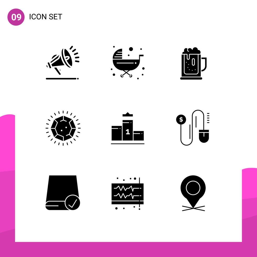 Mobile Interface Solid Glyph Set of 9 Pictograms of pedestal jewel alcoholparty gem jar Editable Vector Design Elements