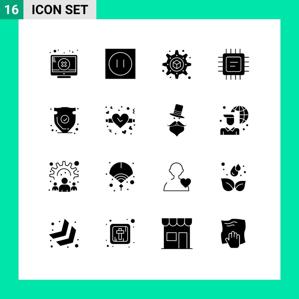 User Interface Pack of 16 Basic Solid Glyphs of verify protect printing shield processor Editable Vector Design Elements