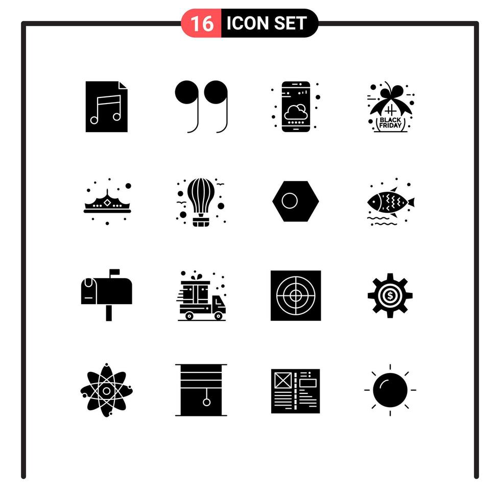 Set of 16 Vector Solid Glyphs on Grid for air jewelry weather app jewelry crown Editable Vector Design Elements