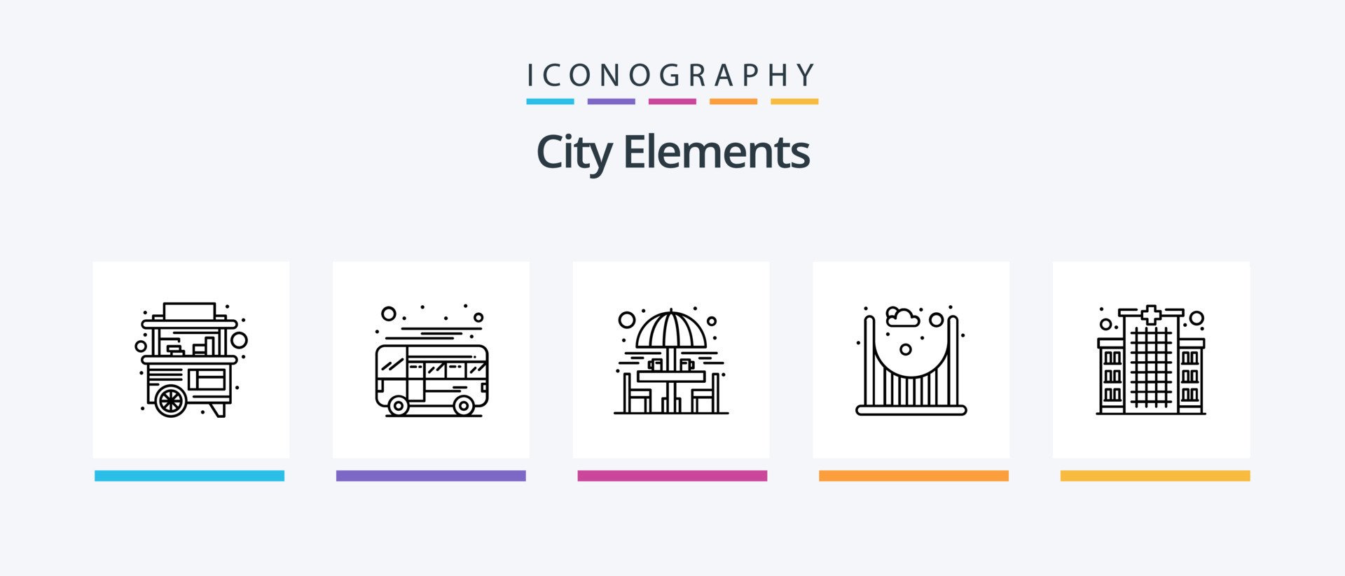 City Elements Line 5 Icon Pack Including stall. building. street light