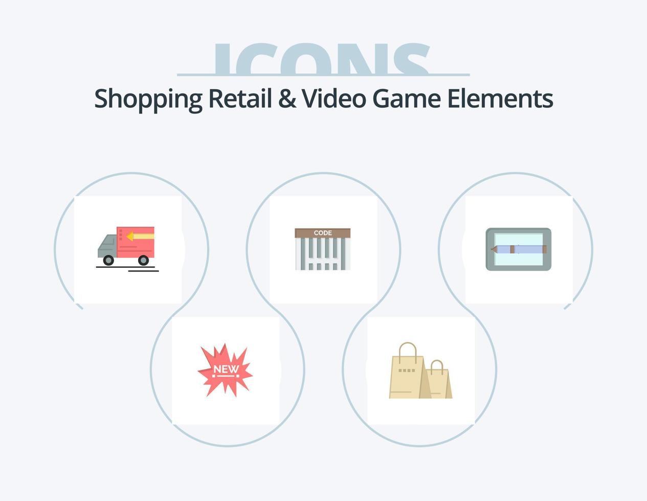 compras minoristas y elementos de videojuegos paquete de iconos planos 5 diseño de iconos. célula . compras. camión . código. bar vector