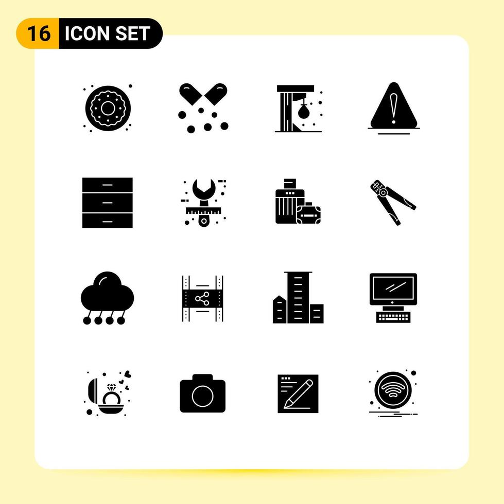 Editable Vector Line Pack of 16 Simple Solid Glyphs of cabinet warning omega pills danger play Editable Vector Design Elements