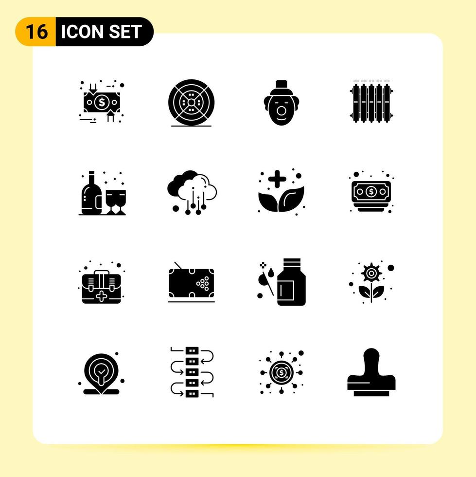 Group of 16 Modern Solid Glyphs Set for alcohol warm print battery radiator Editable Vector Design Elements