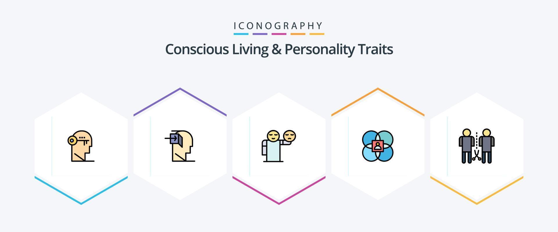 Concious Living And Personality Traits 25 FilledLine icon pack including model. features. mind. character. emoji vector