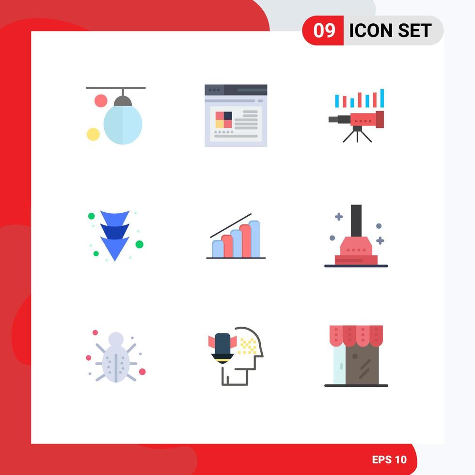 Mobile Interface Flat Color Set of 9 Pictograms of down vision website trend forecasting Editable Vector Design Elements