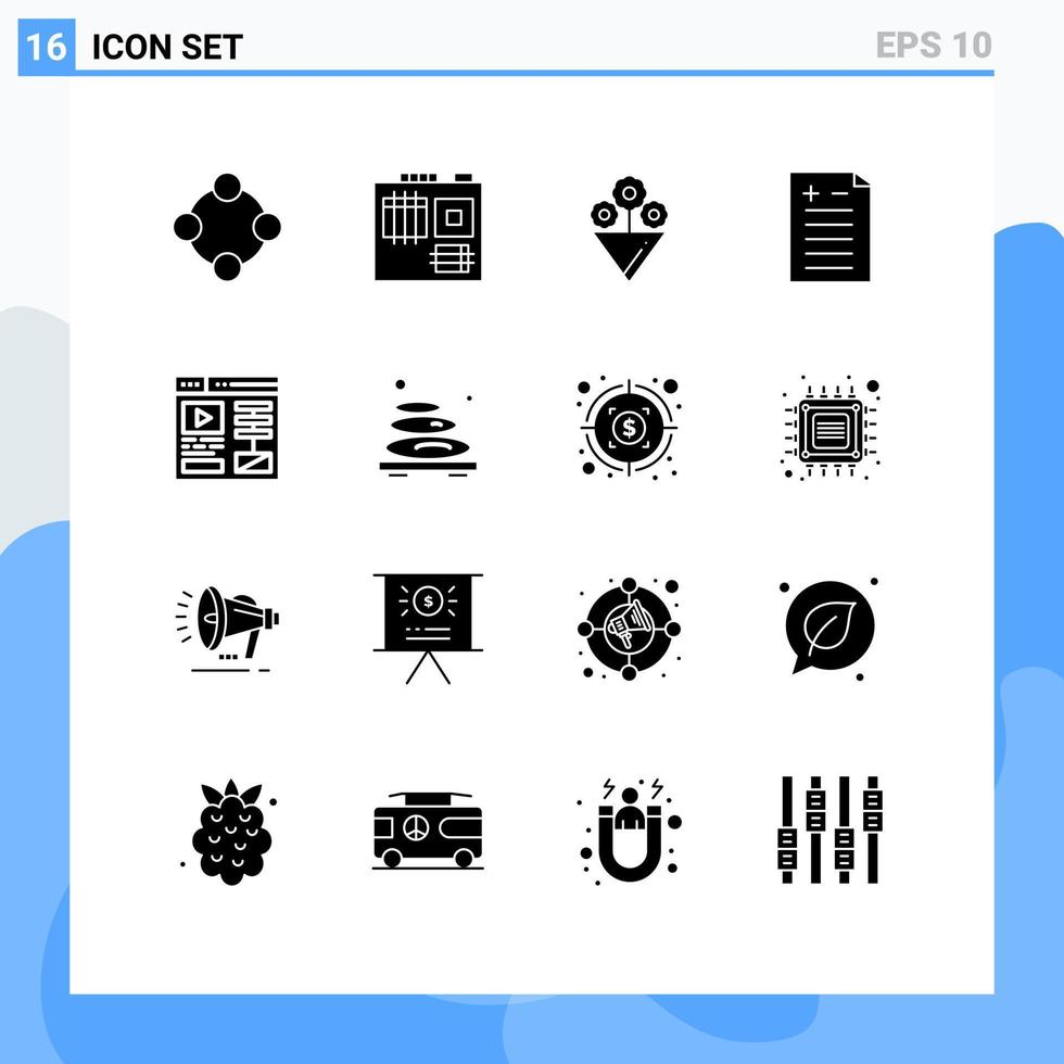 Mobile Interface Solid Glyph Set of 16 Pictograms of massage web flower video test Editable Vector Design Elements