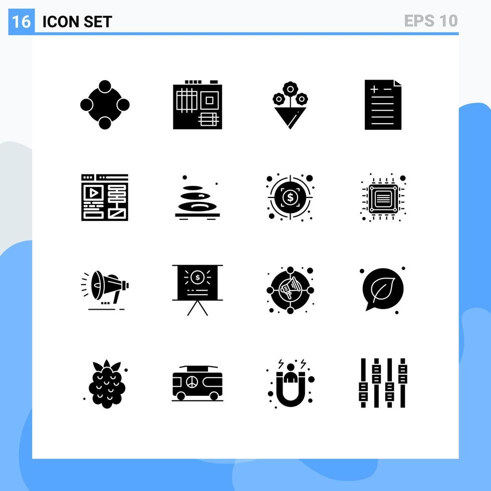 conjunto de glifos sólidos de interfaz móvil de 16 pictogramas de prueba de video de flor web de masaje elementos de diseño vectorial editables vector