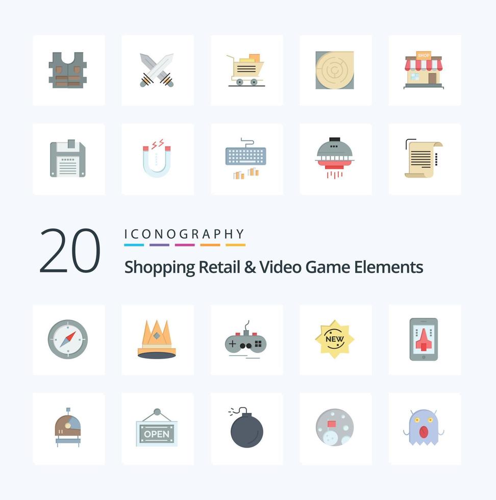 20 Shoping Retail And Video Game Elements Flat Color icon Pack like badge product position new xbox vector