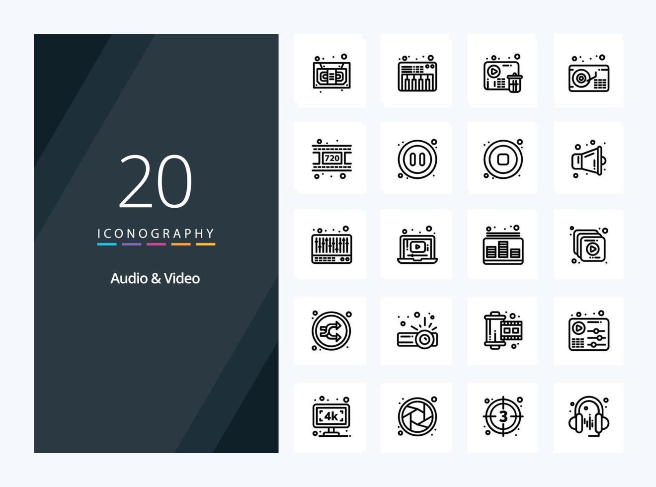 20 Audio And Video Outline icon for presentation vector