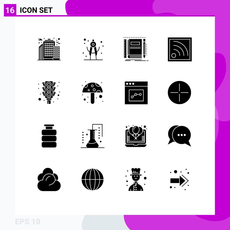 Modern Set of 16 Solid Glyphs and symbols such as stop signal notepad light signal Editable Vector Design Elements