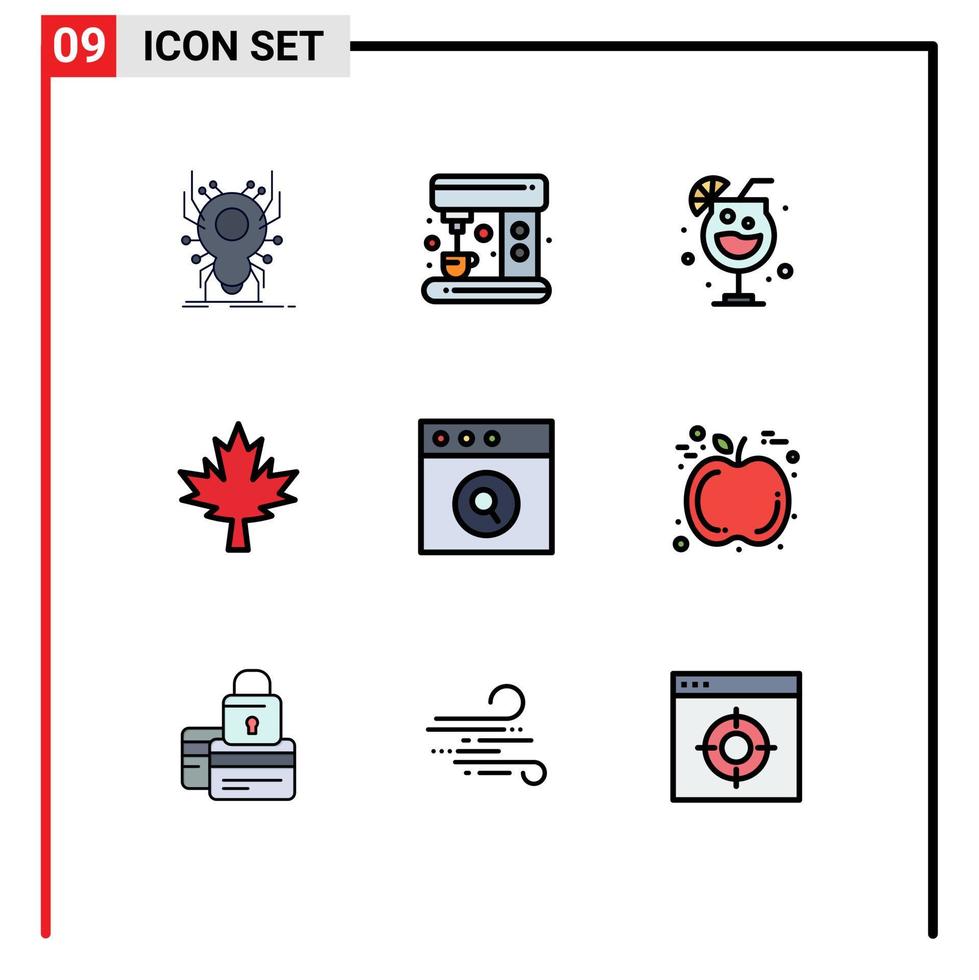 Editable Vector Line Pack of 9 Simple Filledline Flat Colors of apple mac night app leaf Editable Vector Design Elements