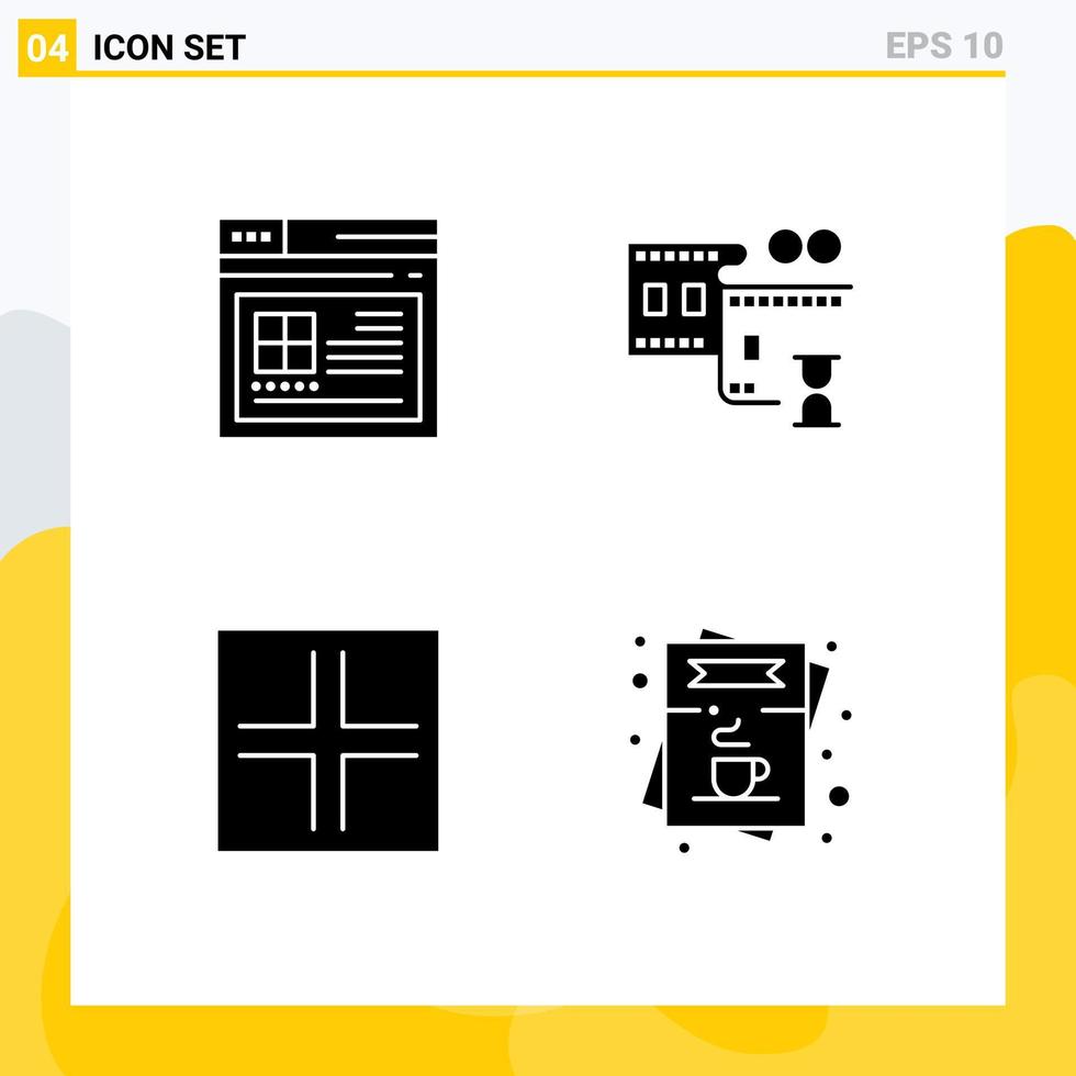 paquete de 4 signos y símbolos modernos de glifos sólidos para medios de impresión web, como elementos de diseño de vectores editables de café de carrete de película de sitio web de signos de Internet