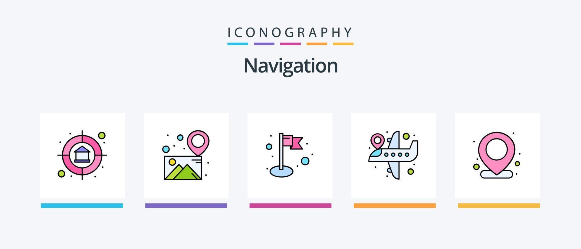 la línea de navegación llenó el paquete de 5 íconos que incluye el mapa. Marcos. destino. comprobado. mapa. diseño de iconos creativos vector