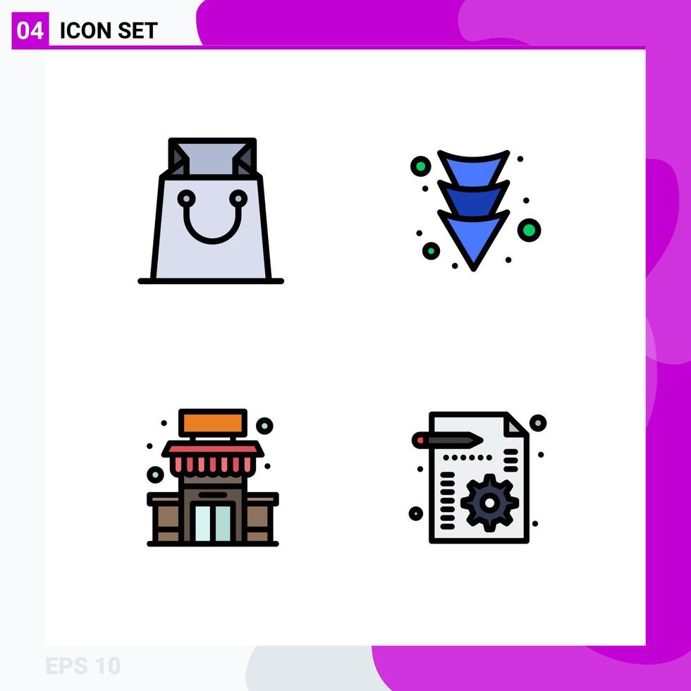 Group of 4 Modern Filledline Flat Colors Set for bag supermarket arrow building management Editable Vector Design Elements