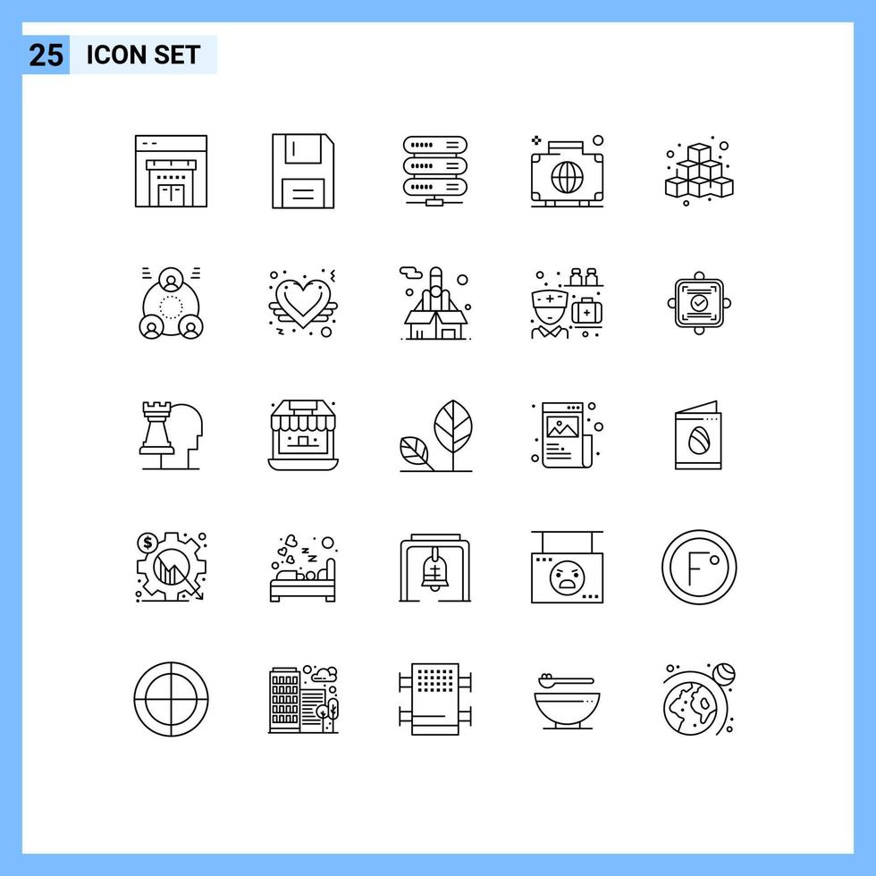 Line Pack of 25 Universal Symbols of cubes international computing global bag Editable Vector Design Elements