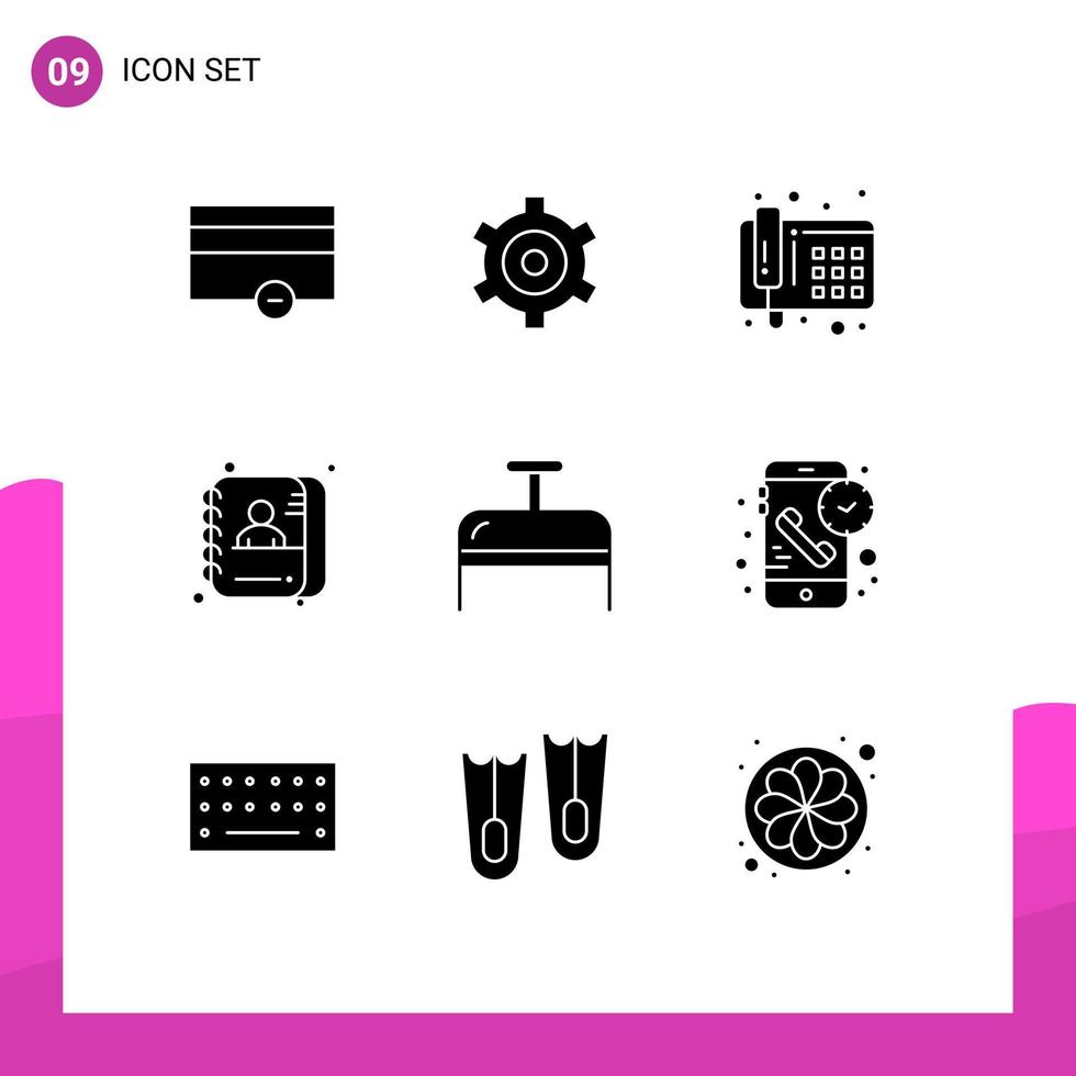 Set of 9 Commercial Solid Glyphs pack for call luggage phone bag data Editable Vector Design Elements