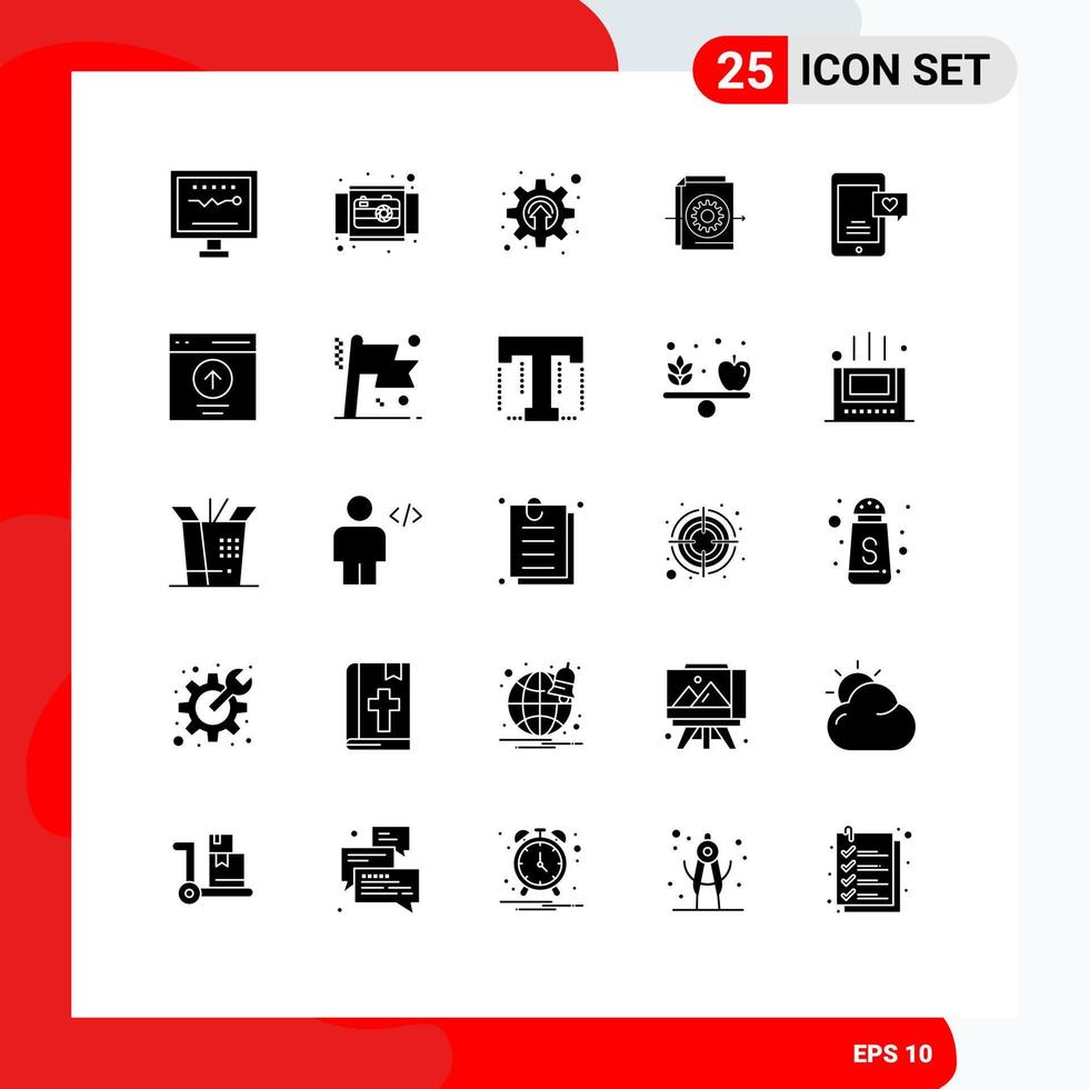 Mobile Interface Solid Glyph Set of 25 Pictograms of settings file product document gear Editable Vector Design Elements