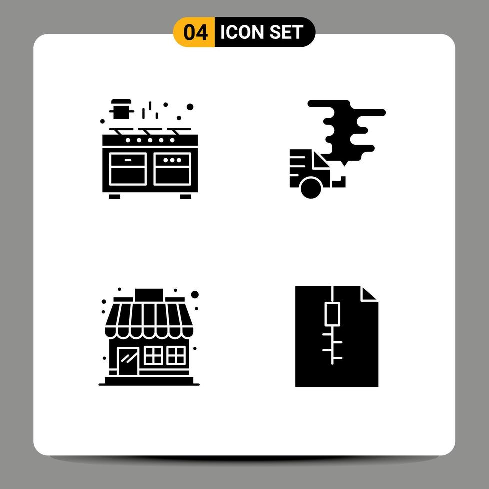 Mobile Interface Solid Glyph Set of 4 Pictograms of cooker pollution pan car market store Editable Vector Design Elements