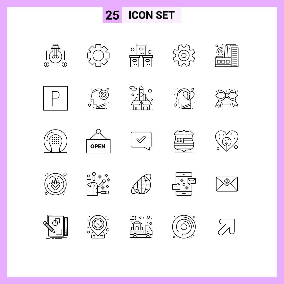 25 Thematic Vector Lines and Editable Symbols of factory wheel logistic setting cogs Editable Vector Design Elements