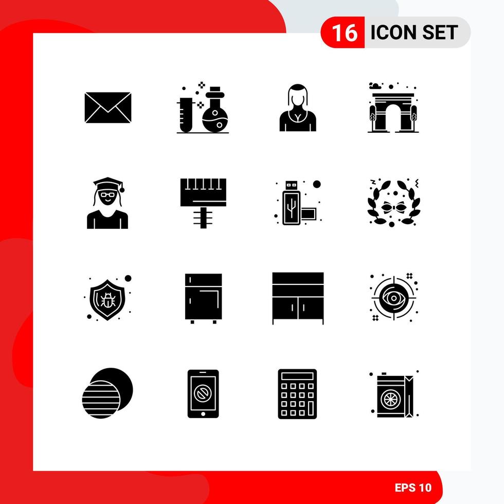 Solid Glyph Pack of 16 Universal Symbols of cap door actress city lady Editable Vector Design Elements