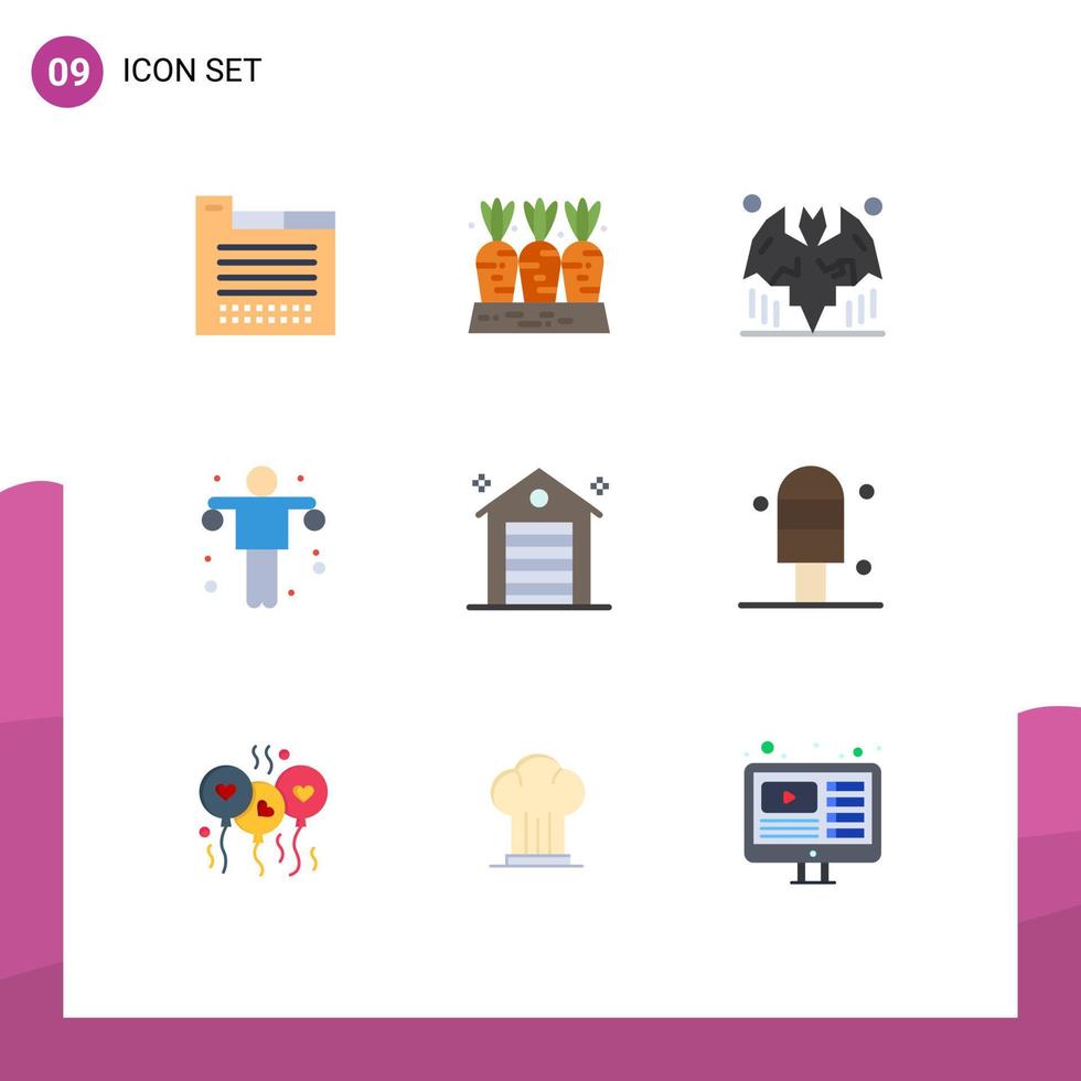 Flat Color Pack of 9 Universal Symbols of building gym vegetable exercise night Editable Vector Design Elements