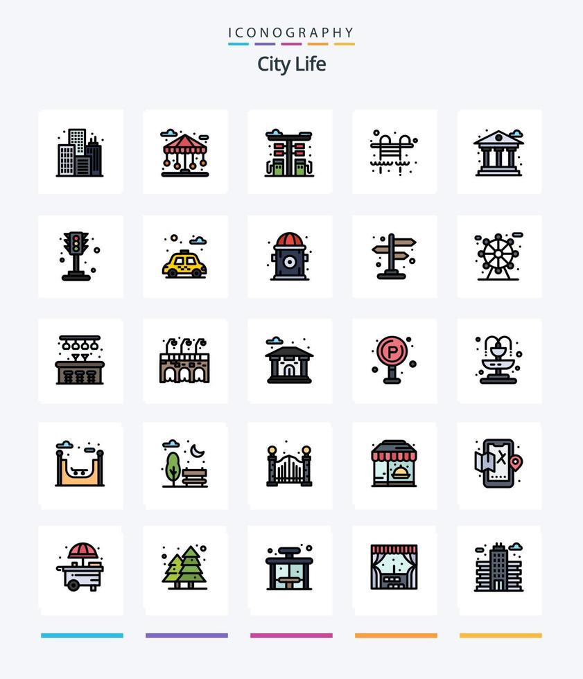 Creative City Life 25 Line FIlled icon pack  Such As bank. city. cityscape. swimming pool. city vector