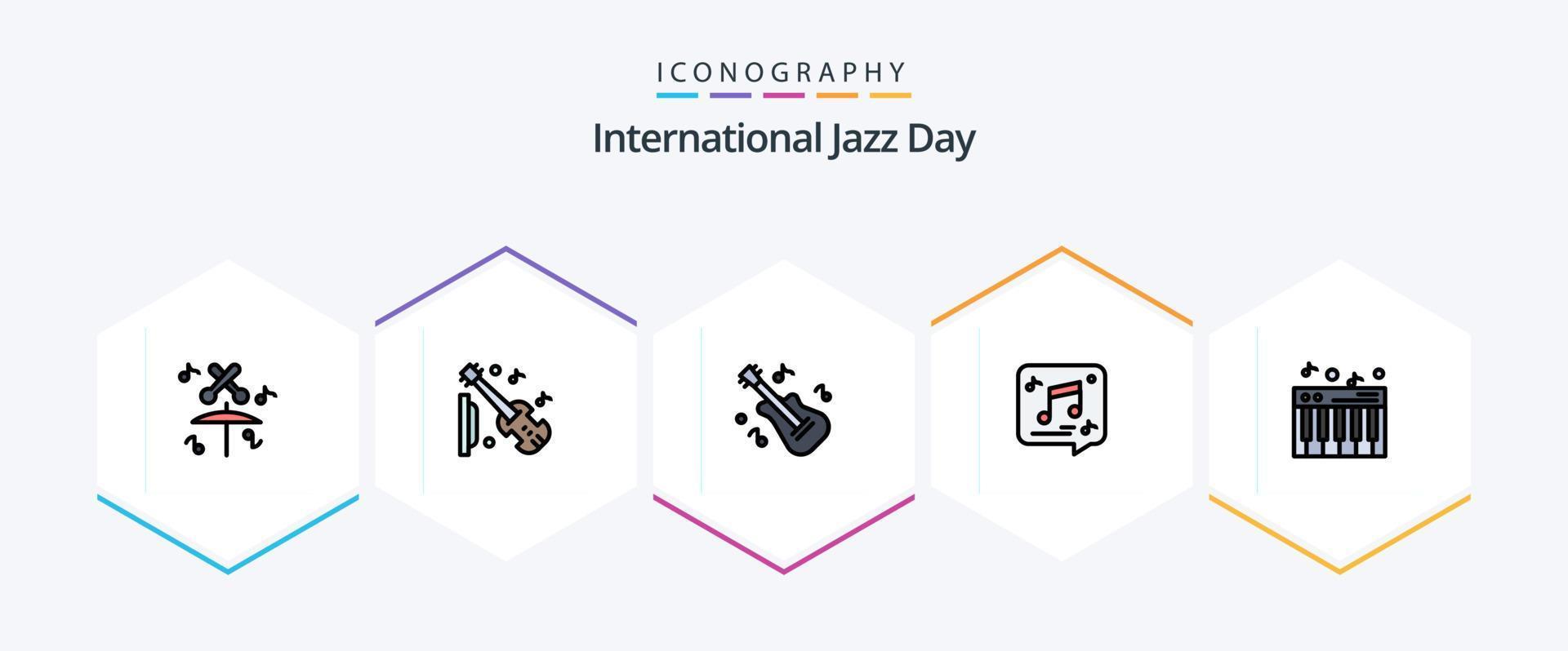 paquete de iconos de línea completa del día internacional del jazz 25 que incluye sonido. música. instrumento. Nota. multimedia vector