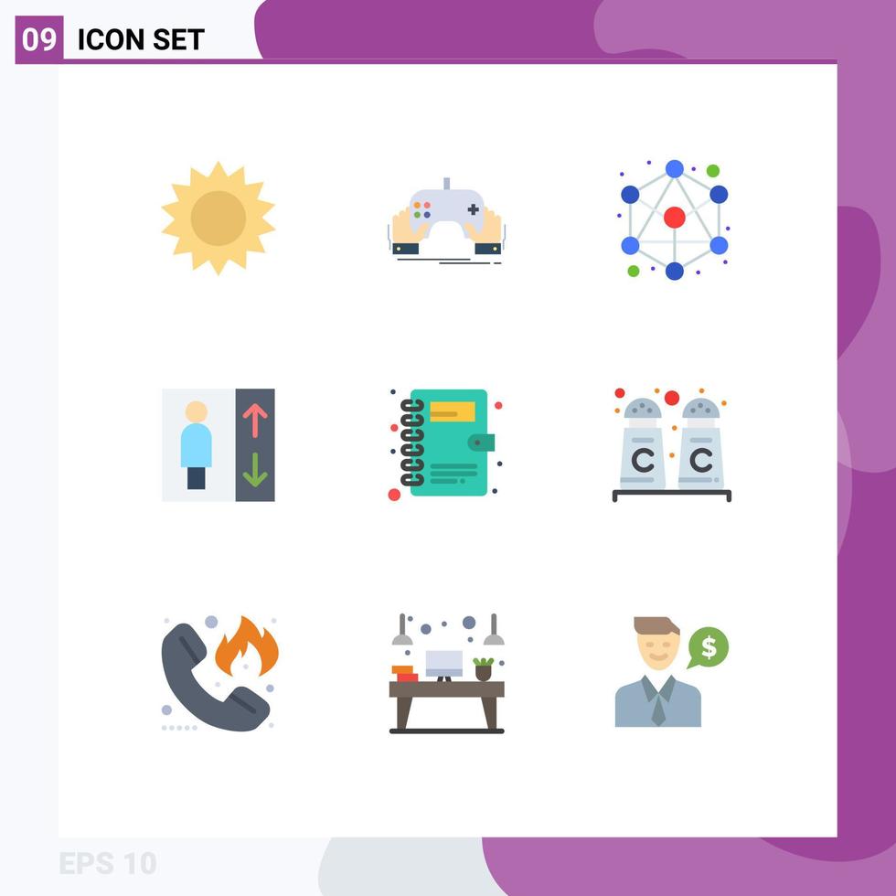 grupo de símbolos de iconos universales de 9 colores planos modernos de la aplicación de la libreta de teléfonos ascensor elementos de diseño de vectores editables