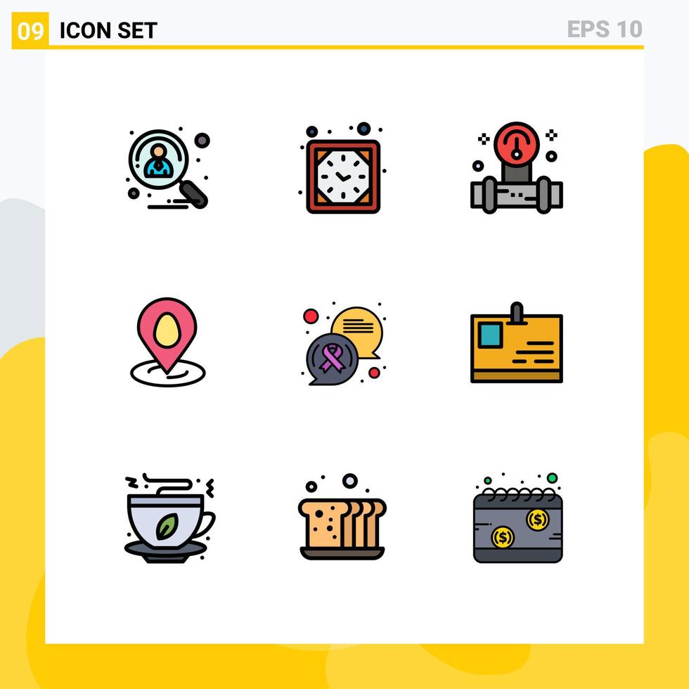 Group of 9 Filledline Flat Colors Signs and Symbols for chat map watch pin water Editable Vector Design Elements