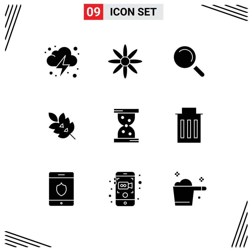 9 User Interface Solid Glyph Pack of modern Signs and Symbols of watch glass search spring leaf Editable Vector Design Elements
